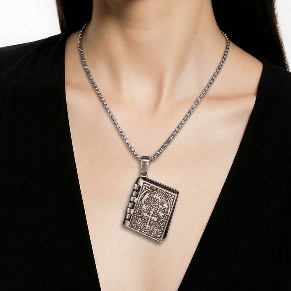 Holy Bible Book Silver Pendant Necklace